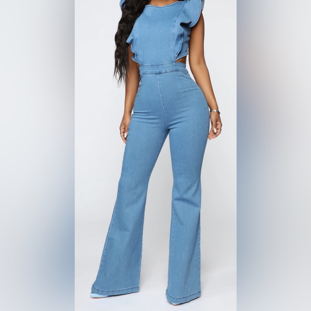 Fashion Nova Light Blue Denim Jumpsuit